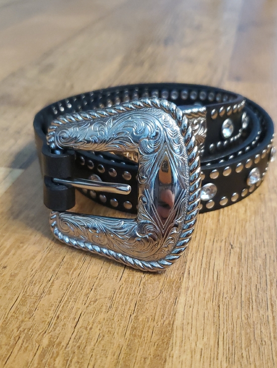 Nacona Women\'s Western Studded Black M Leather Belt- Silver Buckle & Rhinestones main image 5